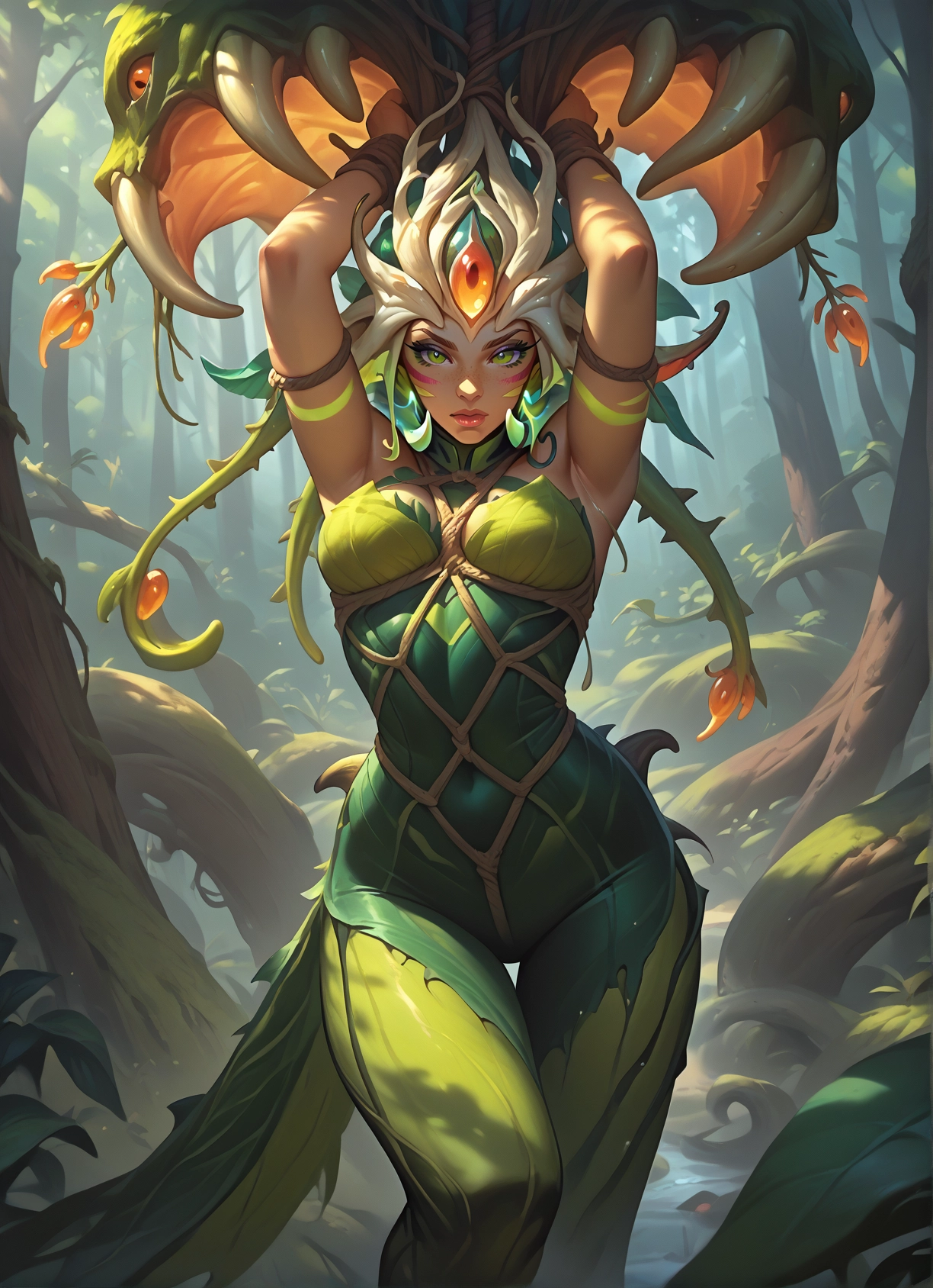 1girl, plant, breasts, nature, vines, arms up · Yamete.gg