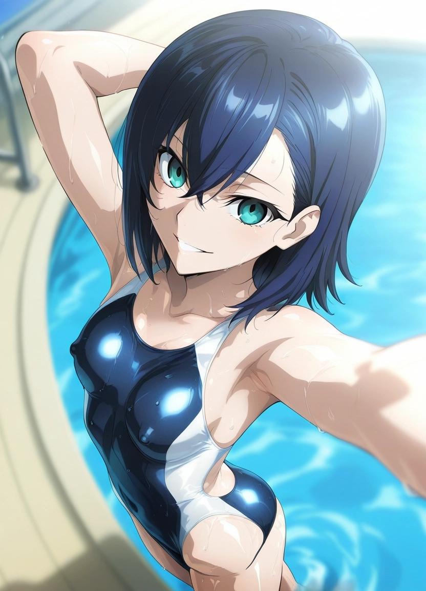 1girl, swimsuit, breasts, one-piece swimsuit, wet, solo · Yamete.gg