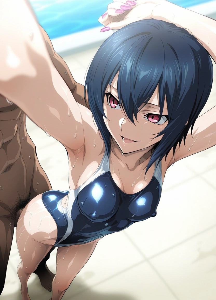 1girl, 1boy, swimsuit, competition swimsuit, breasts, one-piece swimsuit · Yamete.gg