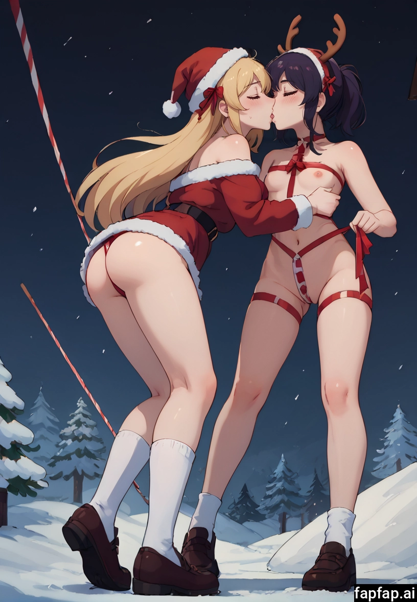 multiple girls, yuri, 2girls, kiss, breasts, blonde hair · Yamete.gg