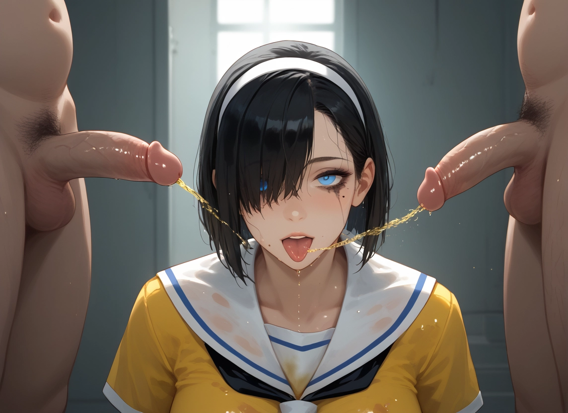 1girl, penis, multiple boys, black hair, uncensored, blue eyes · Yamete.gg