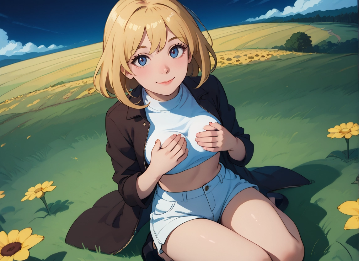 1girl, flower, solo, shorts, blue eyes, blonde hair · Yamete.gg