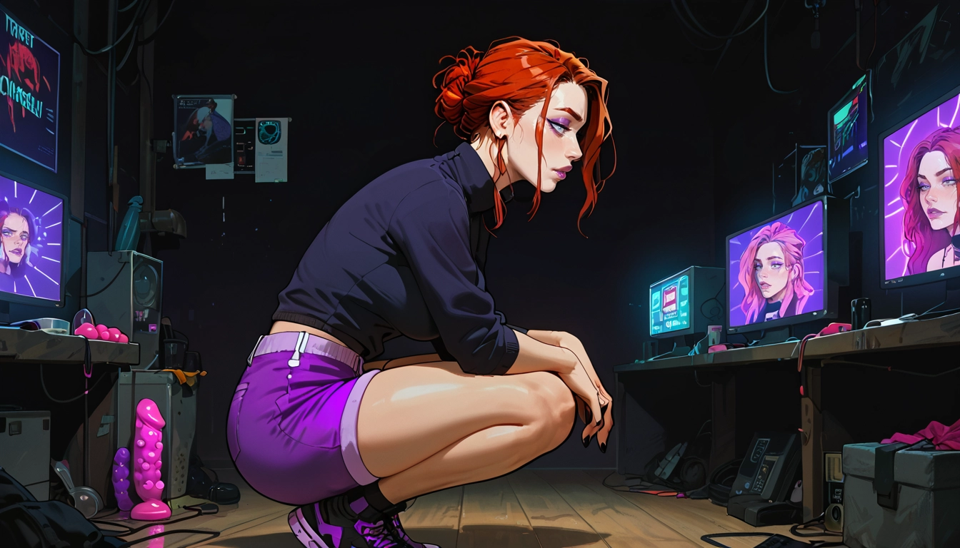 1girl, sex toy, jewelry, earrings, shorts, solo · Yamete.gg