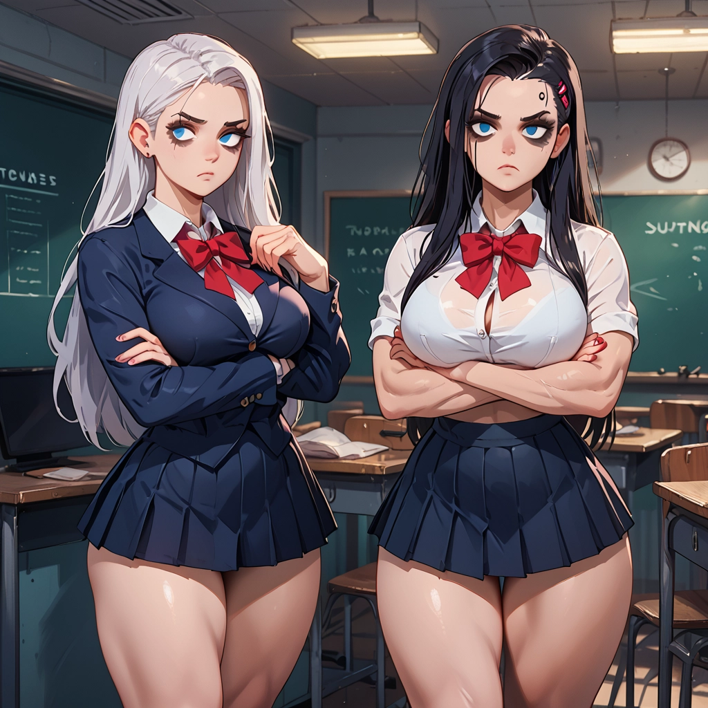 blue eyes, breasts, skirt, multiple girls, long hair, crossed arms · Yamete.gg
