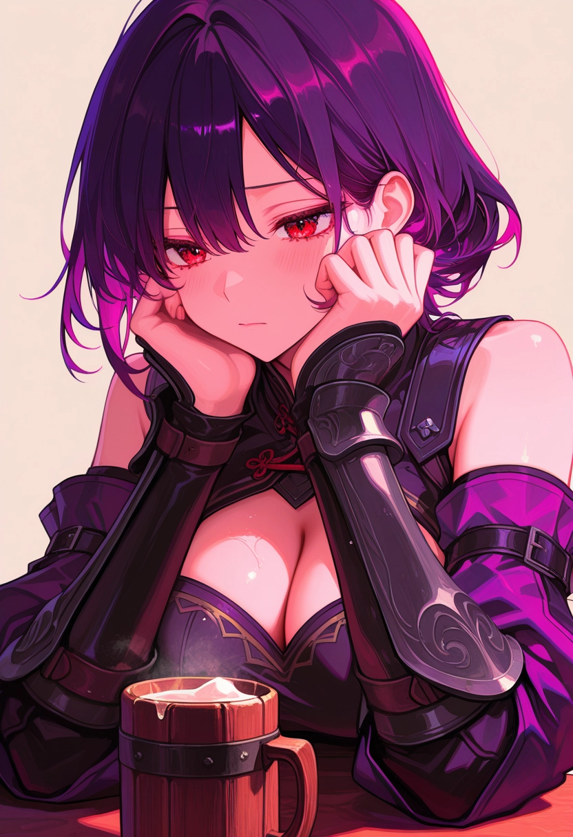 1girl, breasts, solo, mug, red eyes, cleavage · Yamete.gg
