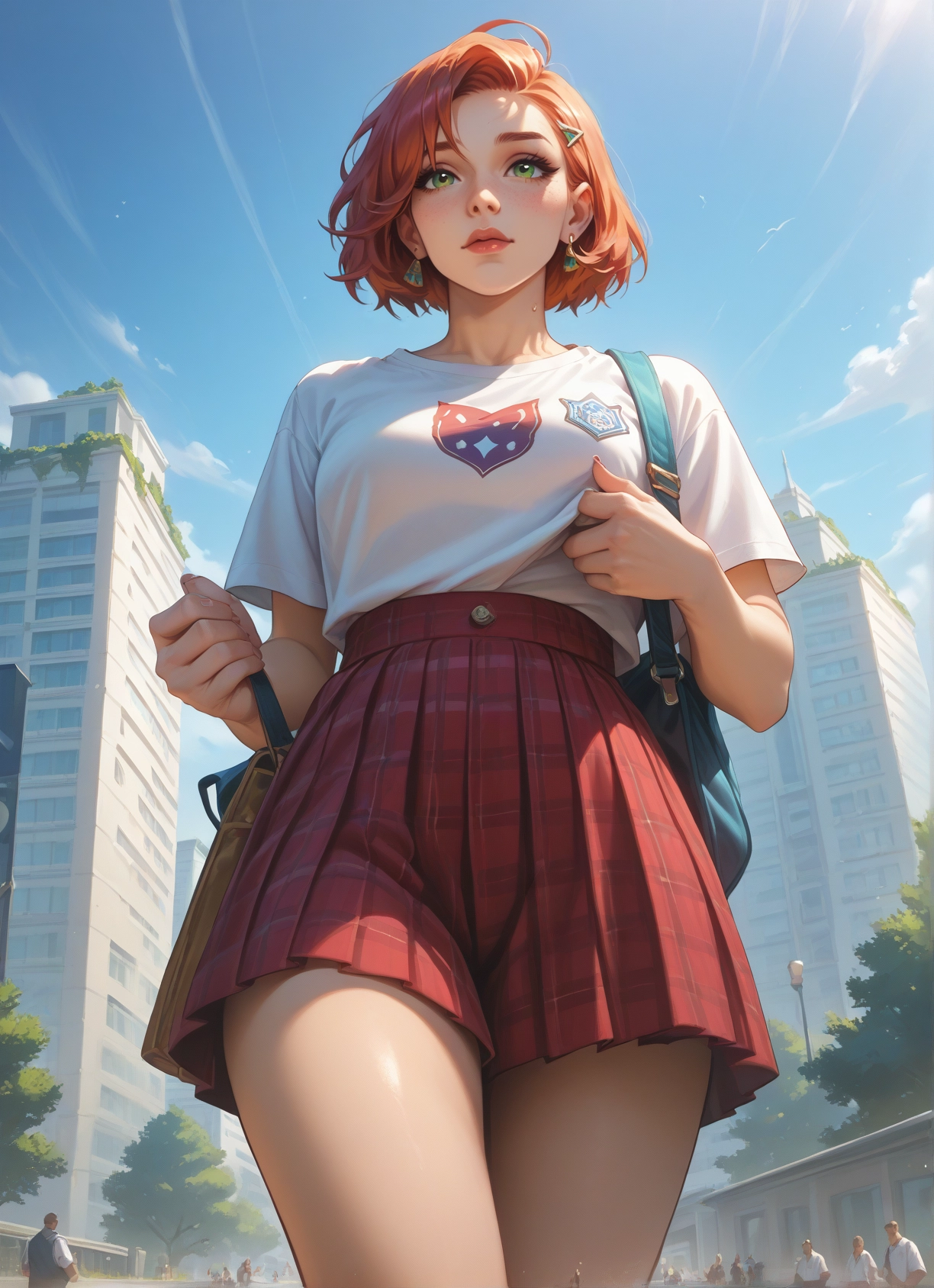 skirt, green eyes, jewelry, earrings, bag, short hair · Yamete.gg