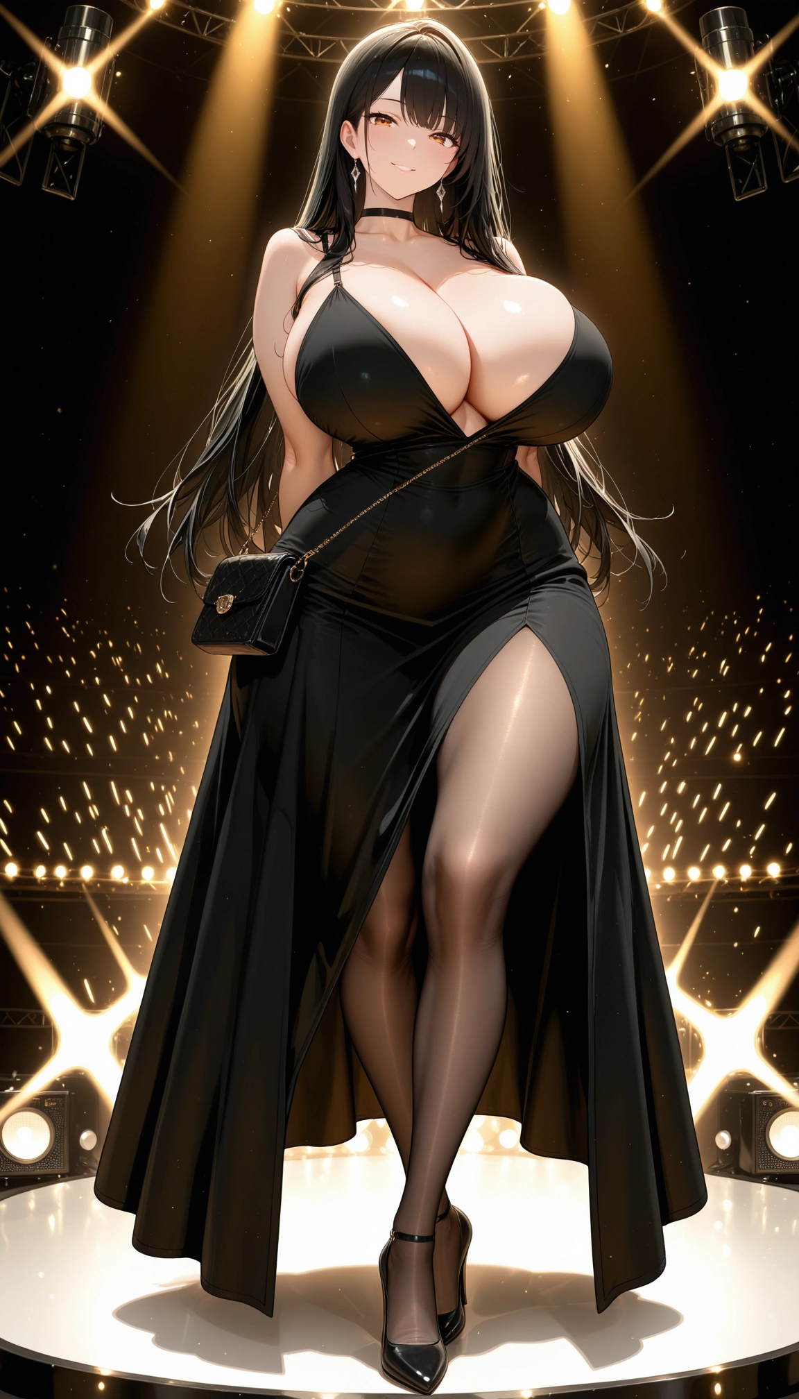 breasts, 1girl, dress, long hair, black hair, pantyhose · Yamete.gg