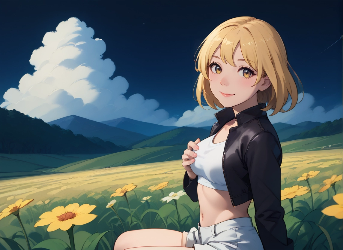 1girl, solo, flower, shorts, navel, jacket · Yamete.gg