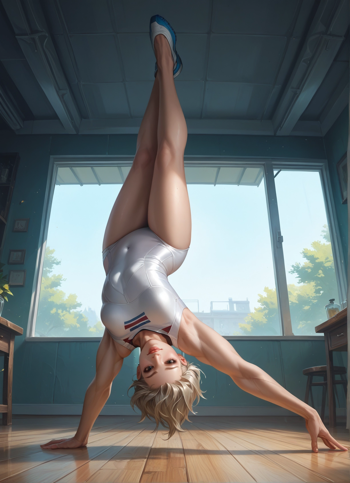 1girl, solo, upside-down, short hair, breasts, blonde hair · Yamete.gg