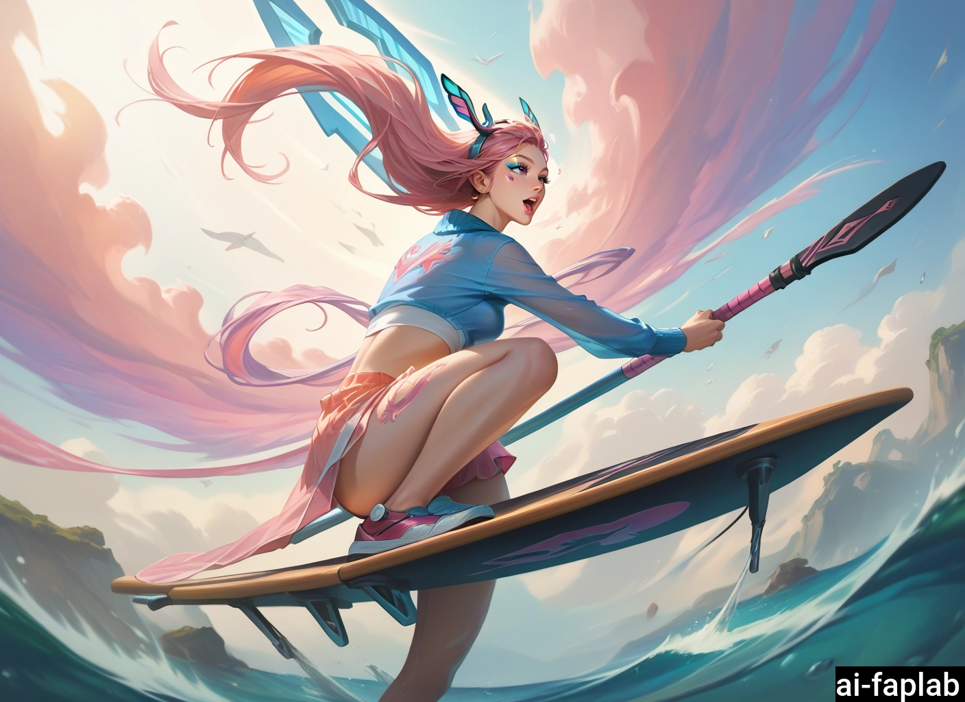 1girl, long hair, pink hair, solo, open mouth, pink skirt · Yamete.gg