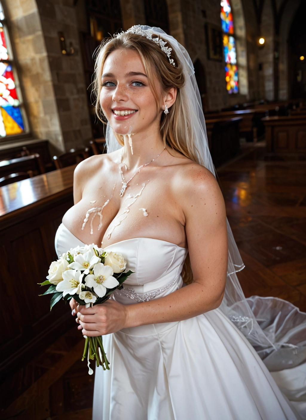 1girl, breasts, dress, flower, wedding dress, jewelry · Yamete.gg