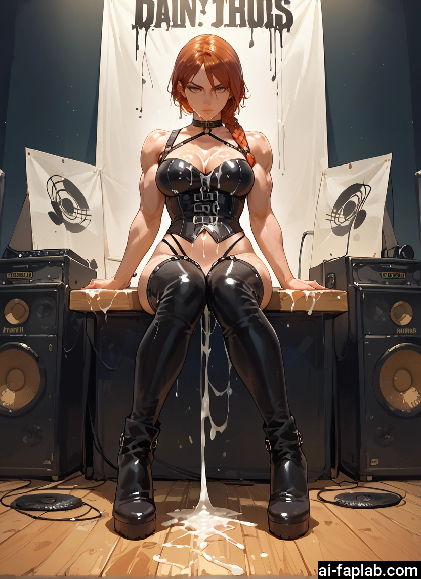 1girl, breasts, cum, thighhighs, boots, braid