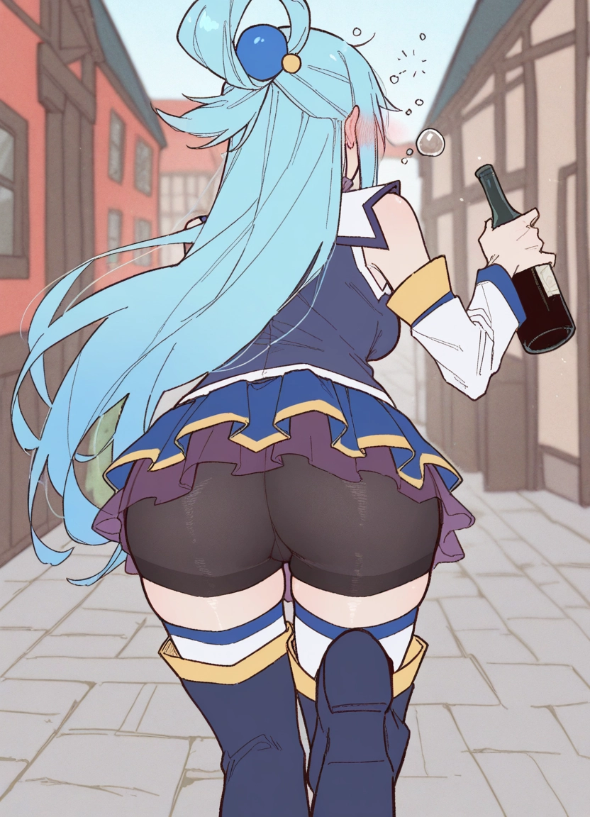 1girl, ass, long hair, thighhighs, solo, bottle · Yamete.gg