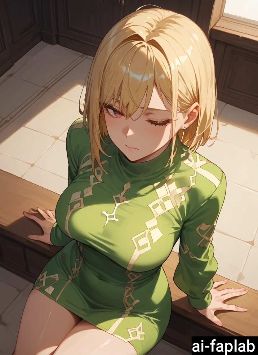 1girl, solo, breasts, blonde hair, dress, long sleeves