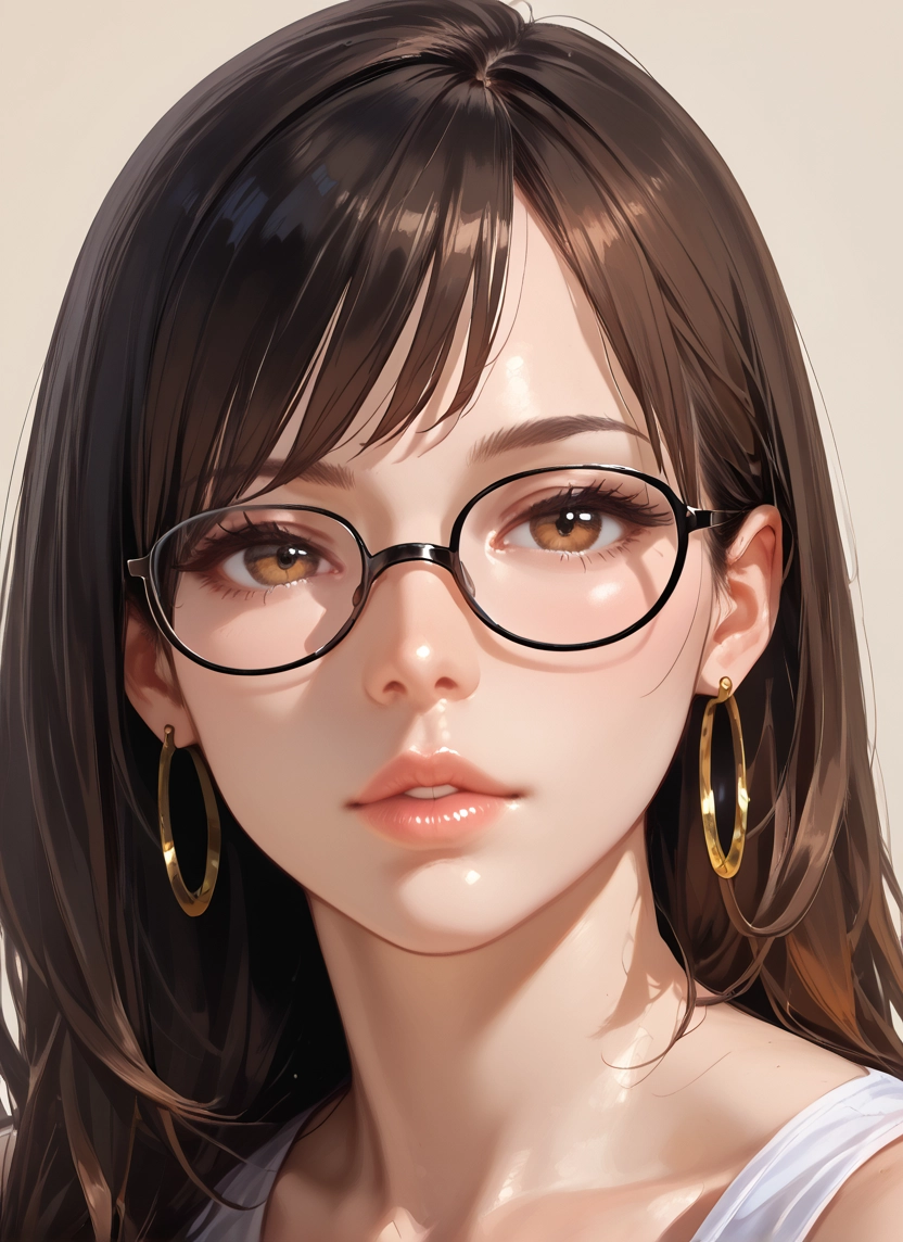 1girl, solo, jewelry, glasses, brown hair, earrings