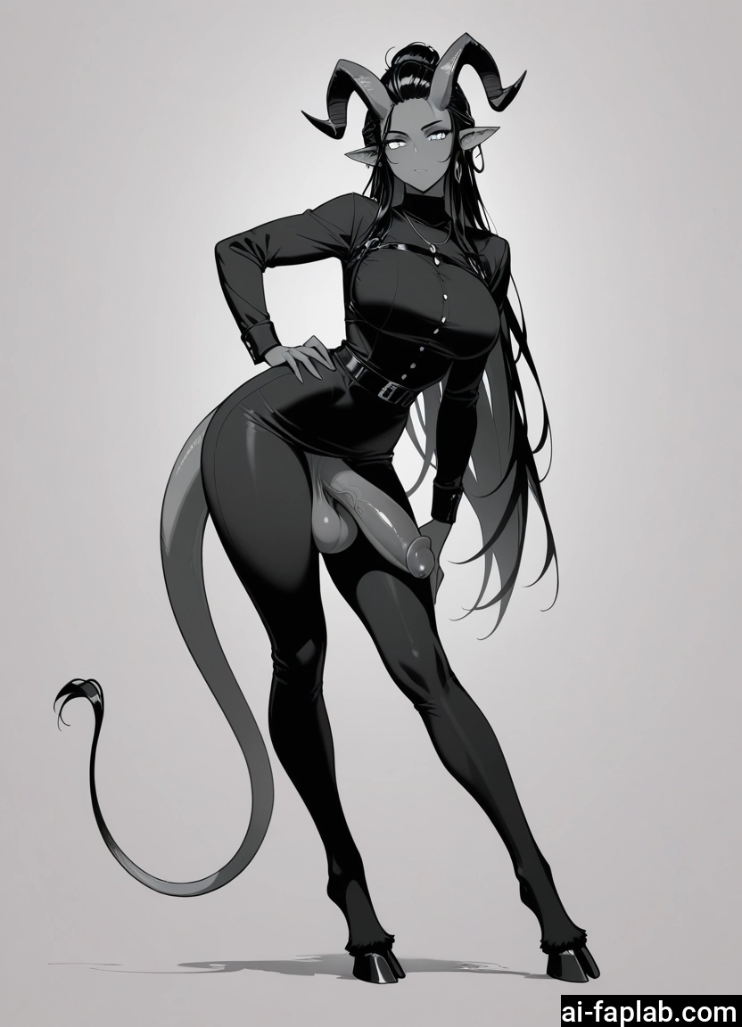 futanari, monochrome, horns, penis, greyscale, tail · Yamete.gg