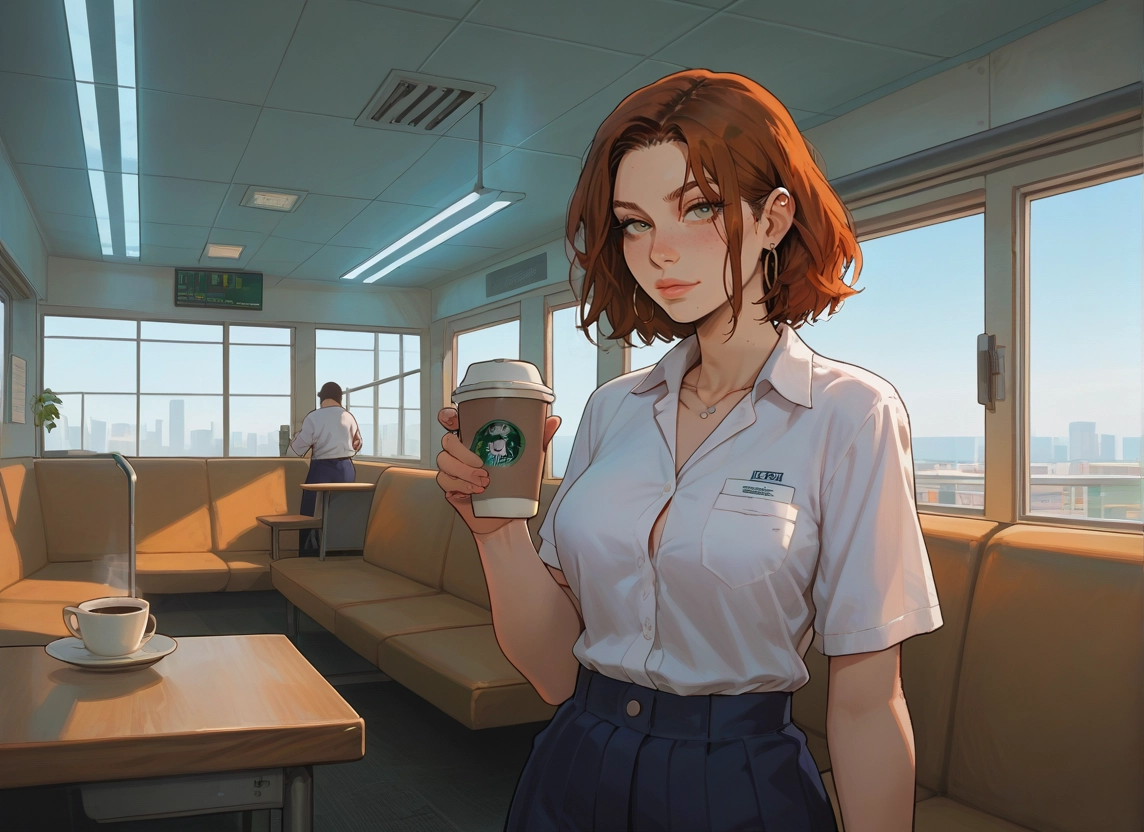 cup, brown hair, jewelry, 1girl, shirt, indoors · Yamete.gg