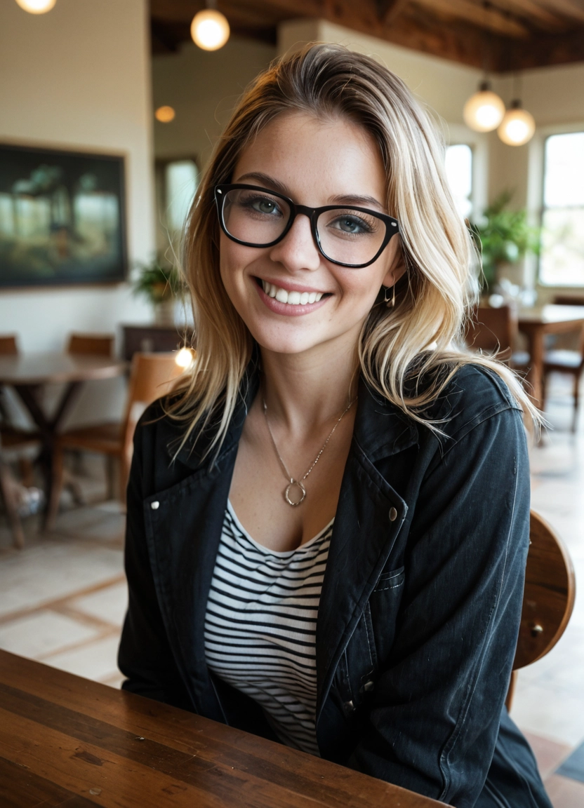 1girl, glasses, jewelry, solo, breasts, smile