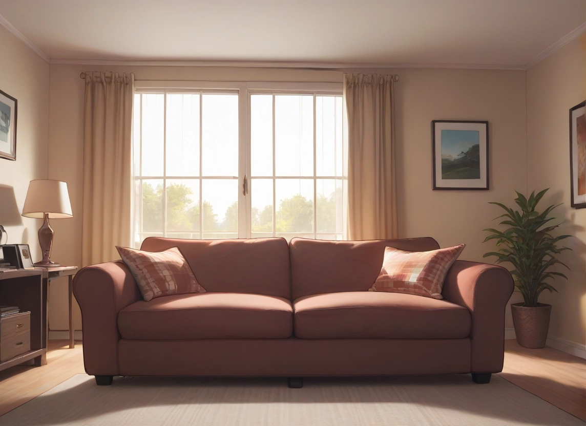 no humans, scenery, couch, indoors, window, plant