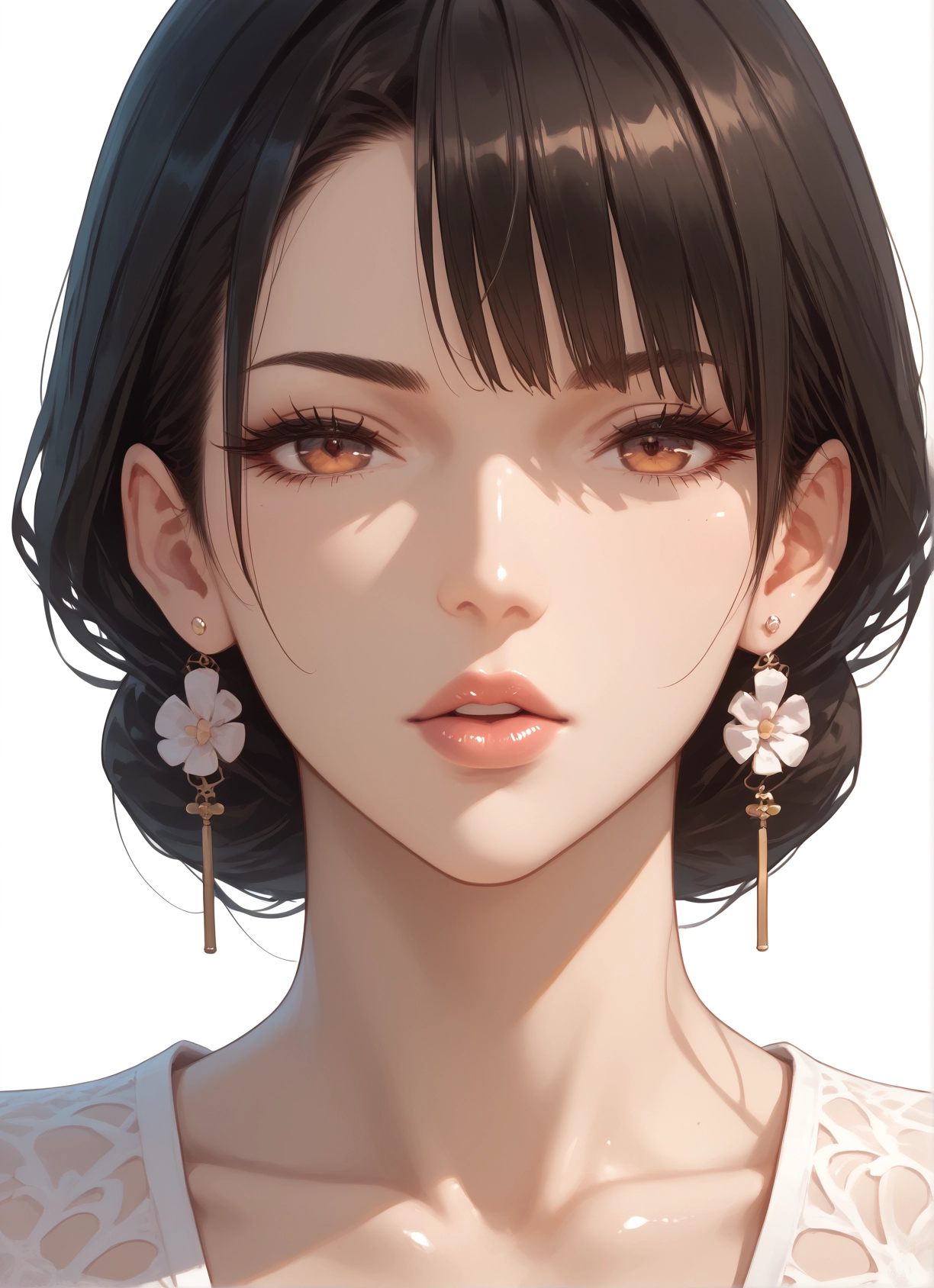 1girl, solo, jewelry, earrings, looking at viewer, flower · Yamete.gg