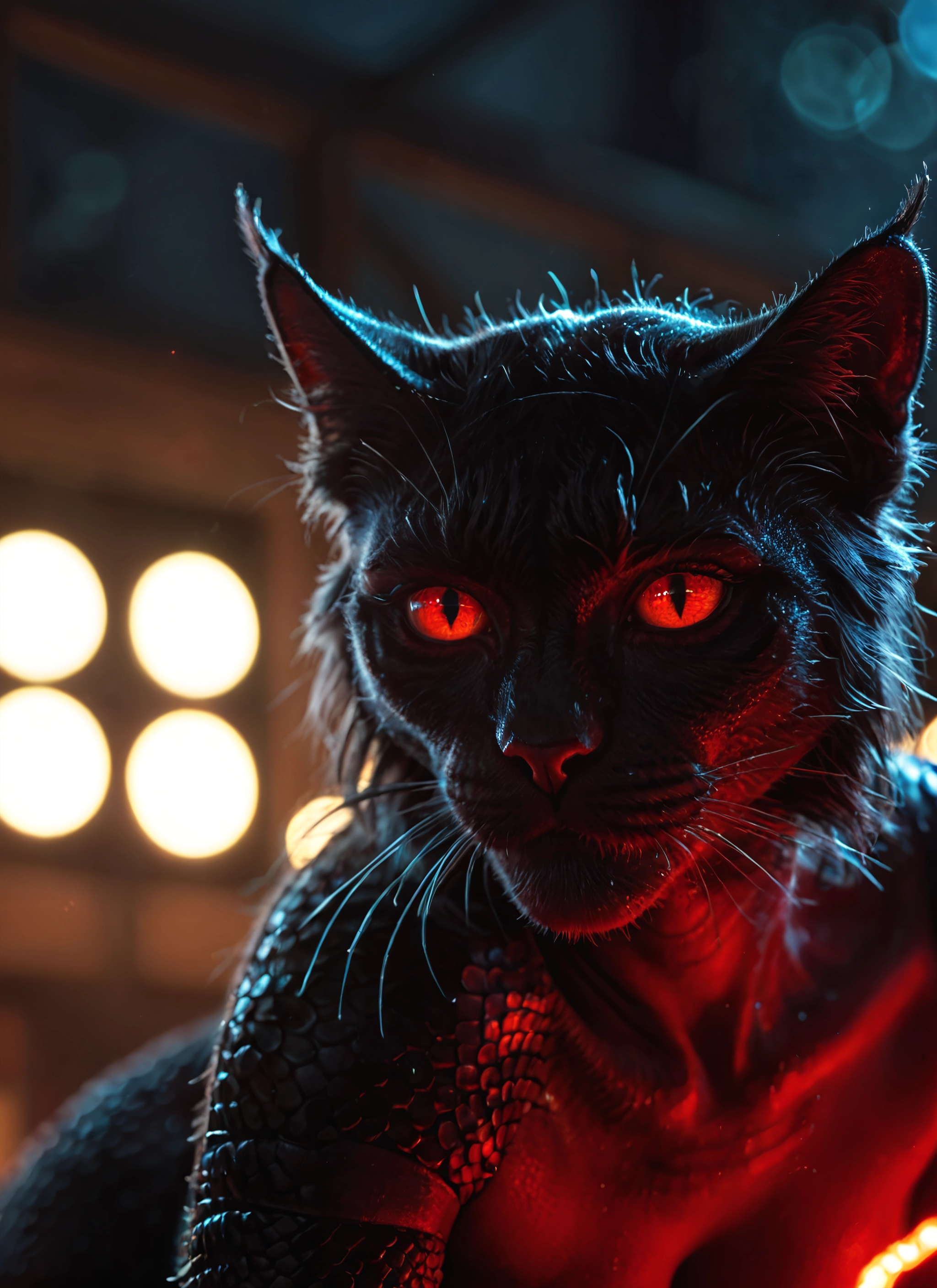cat, solo, blurry, looking at viewer, whiskers, red eyes · Yamete.gg