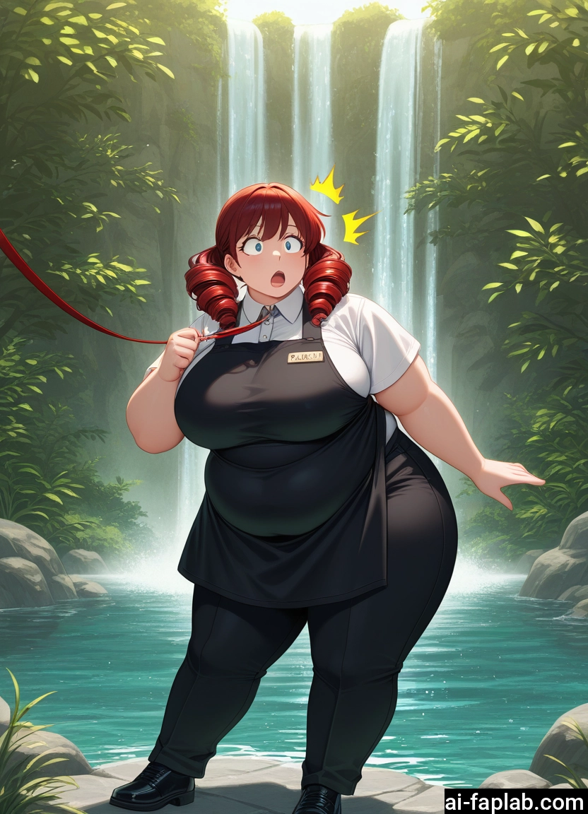 1girl, breasts, apron, water, drill hair, leash
