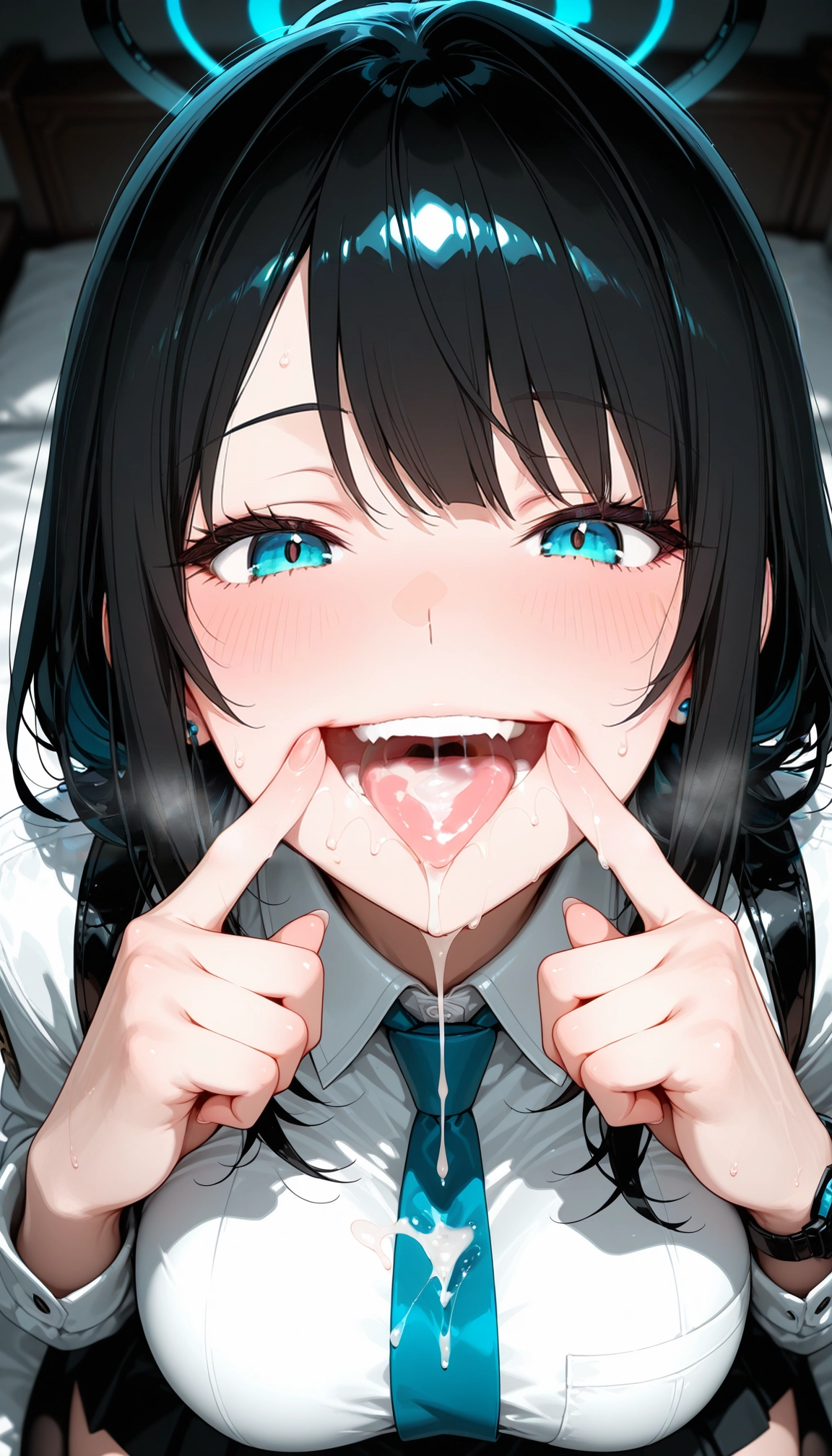 1girl, cum, breasts, solo, halo, black hair · Yamete.gg