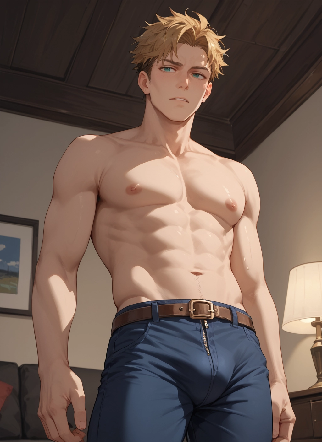 male focus, 1boy, blonde hair, nipples, pectorals, solo · Yamete.gg