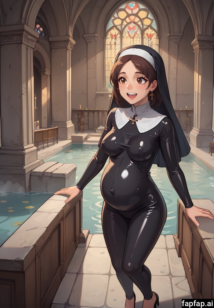 church, breasts, brown hair, pregnant, nun, 1girl · Yamete.gg