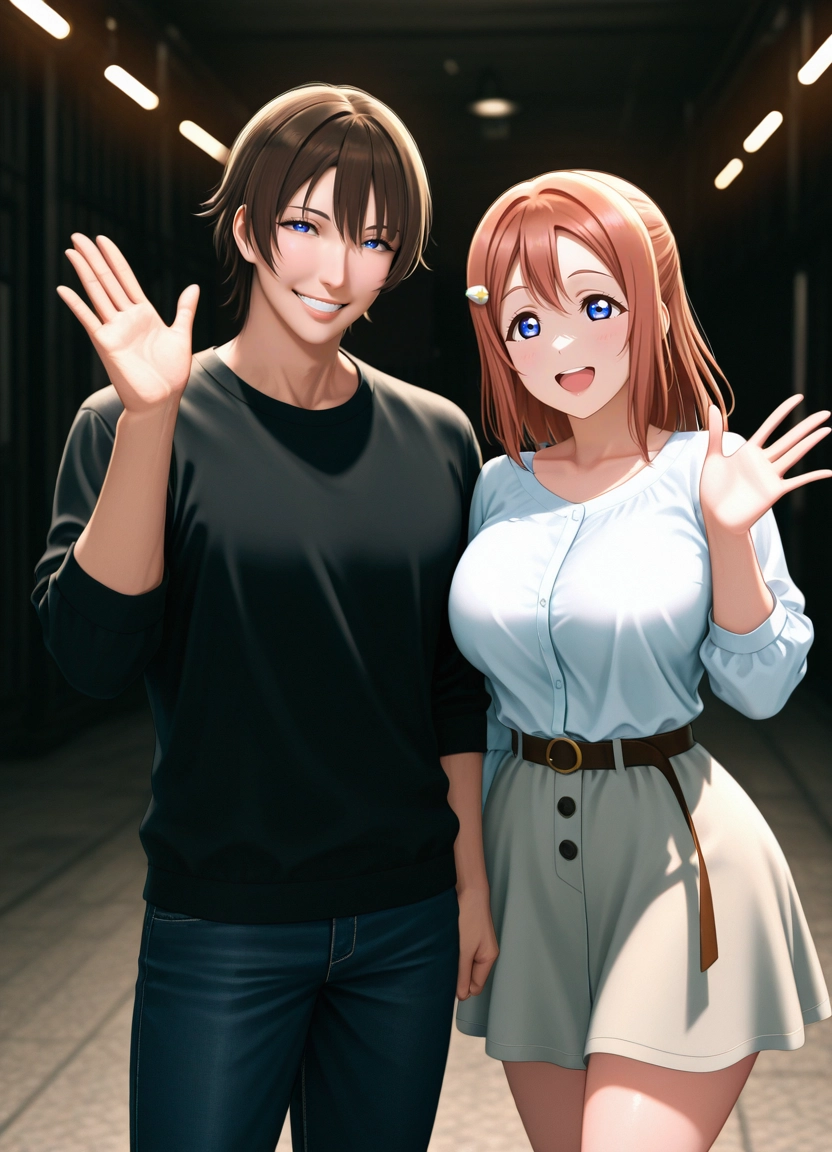 1girl, 1boy, smile, waving, shirt, brown hair · Yamete.gg