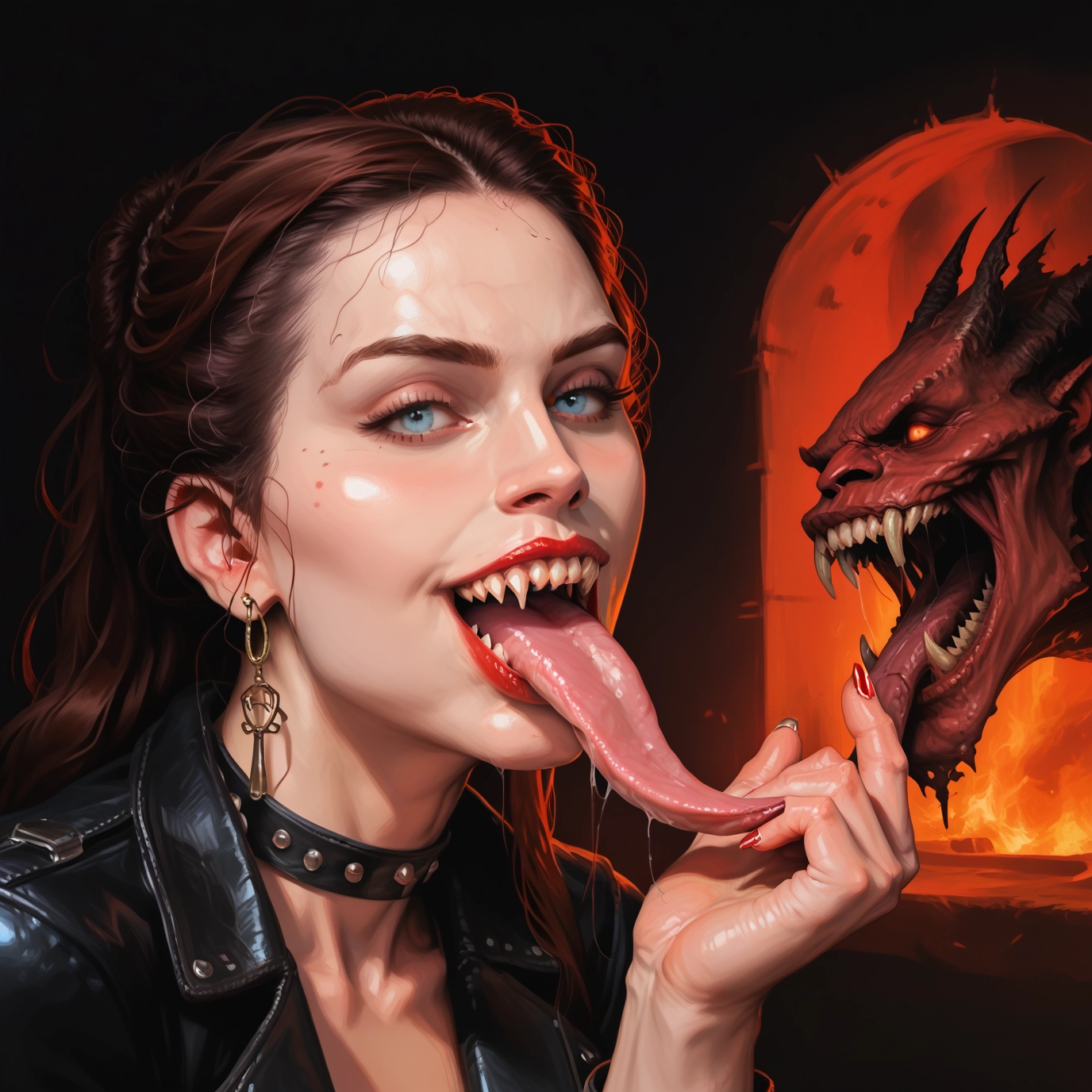 1girl, jewelry, tongue, earrings, teeth, blue eyes · Yamete.gg