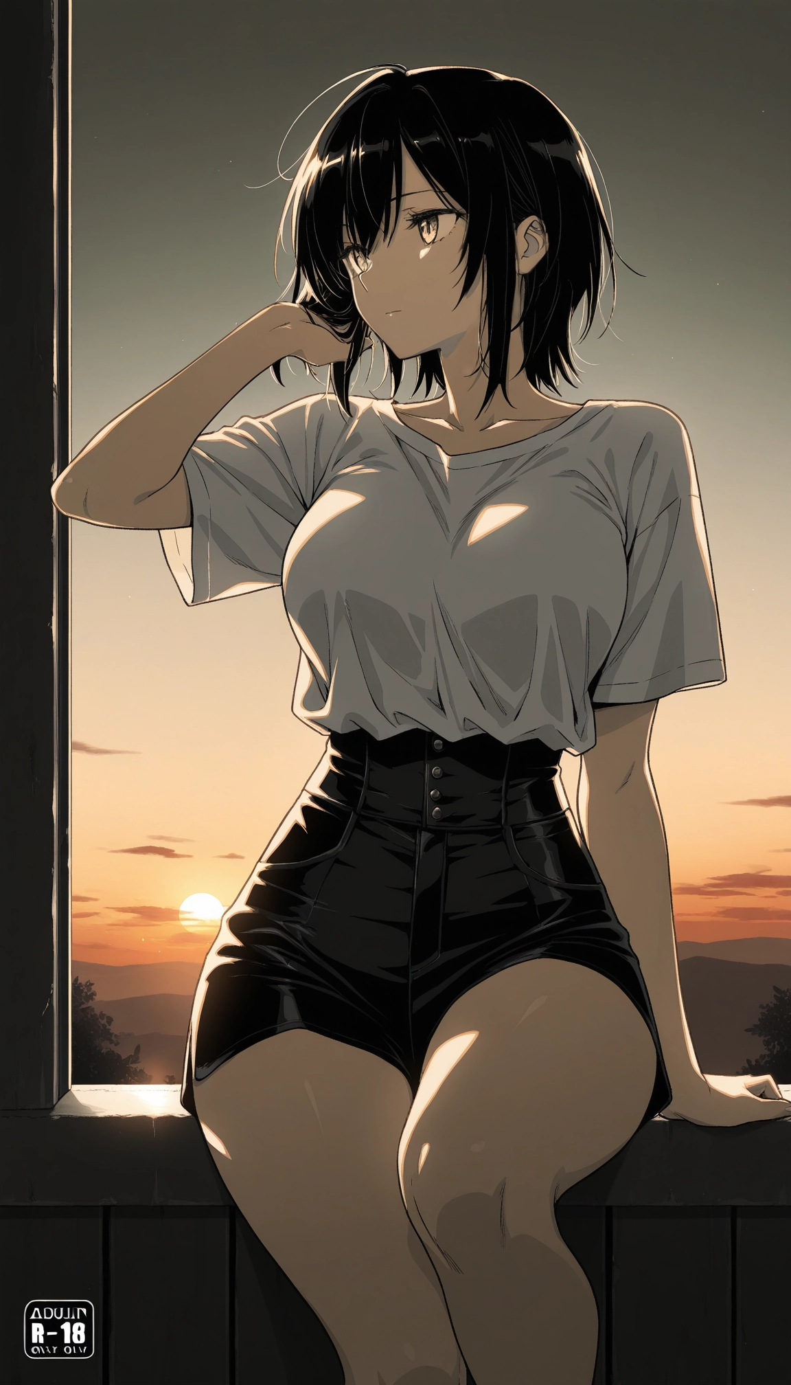 1girl, solo, shorts, shirt, high-waist shorts, breasts · Yamete.gg