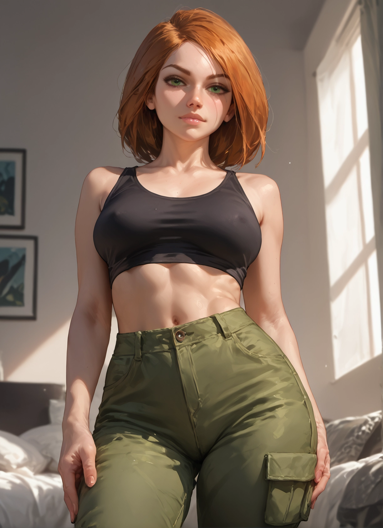 1girl, solo, breasts, green eyes, navel, pants · Yamete.gg