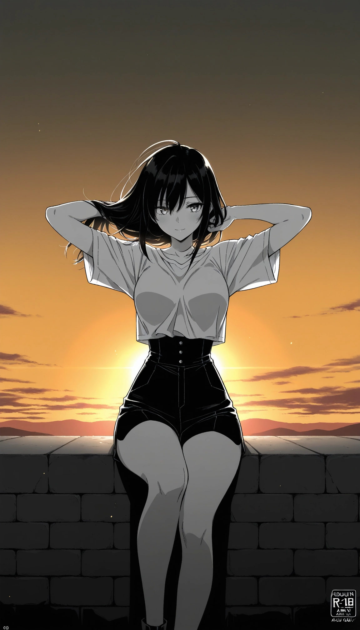 1girl, solo, sunset, looking at viewer, sitting, shorts · Yamete.gg