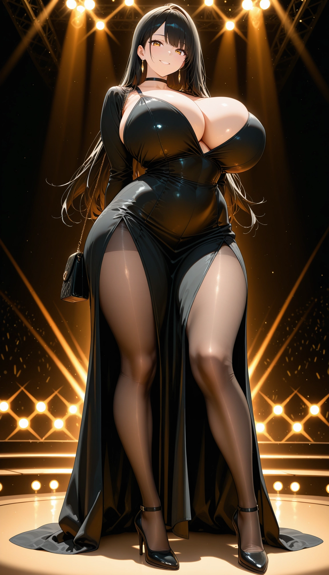 breasts, 1girl, dress, pantyhose, long hair, bag · Yamete.gg