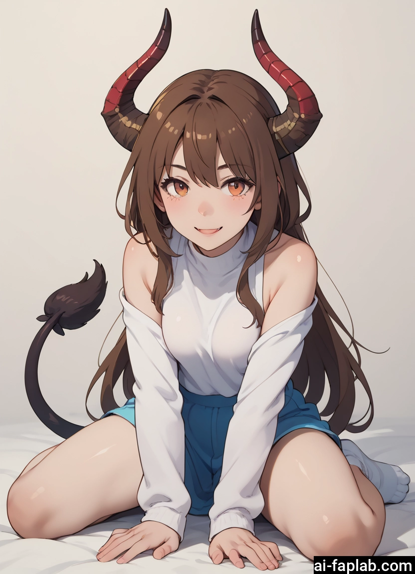 1girl, horns, solo, tail, long hair, brown hair