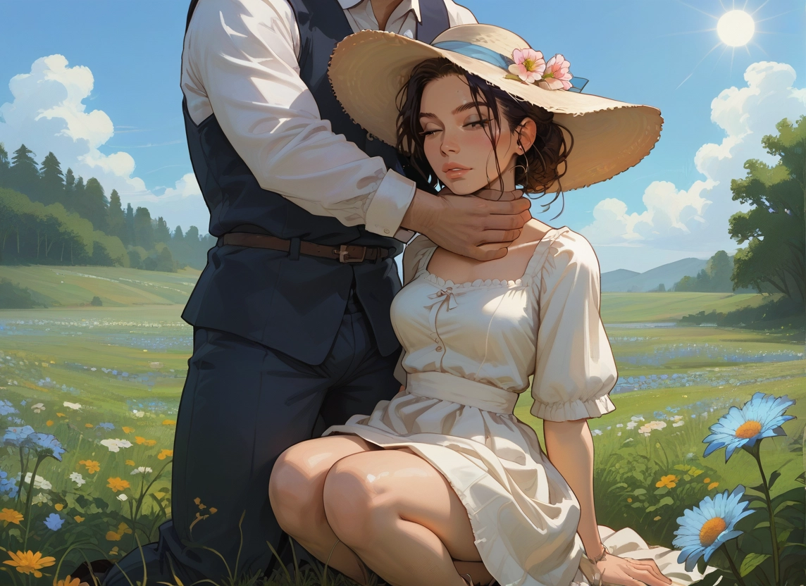 1girl, flower, hat, 1boy, outdoors, dress · Yamete.gg