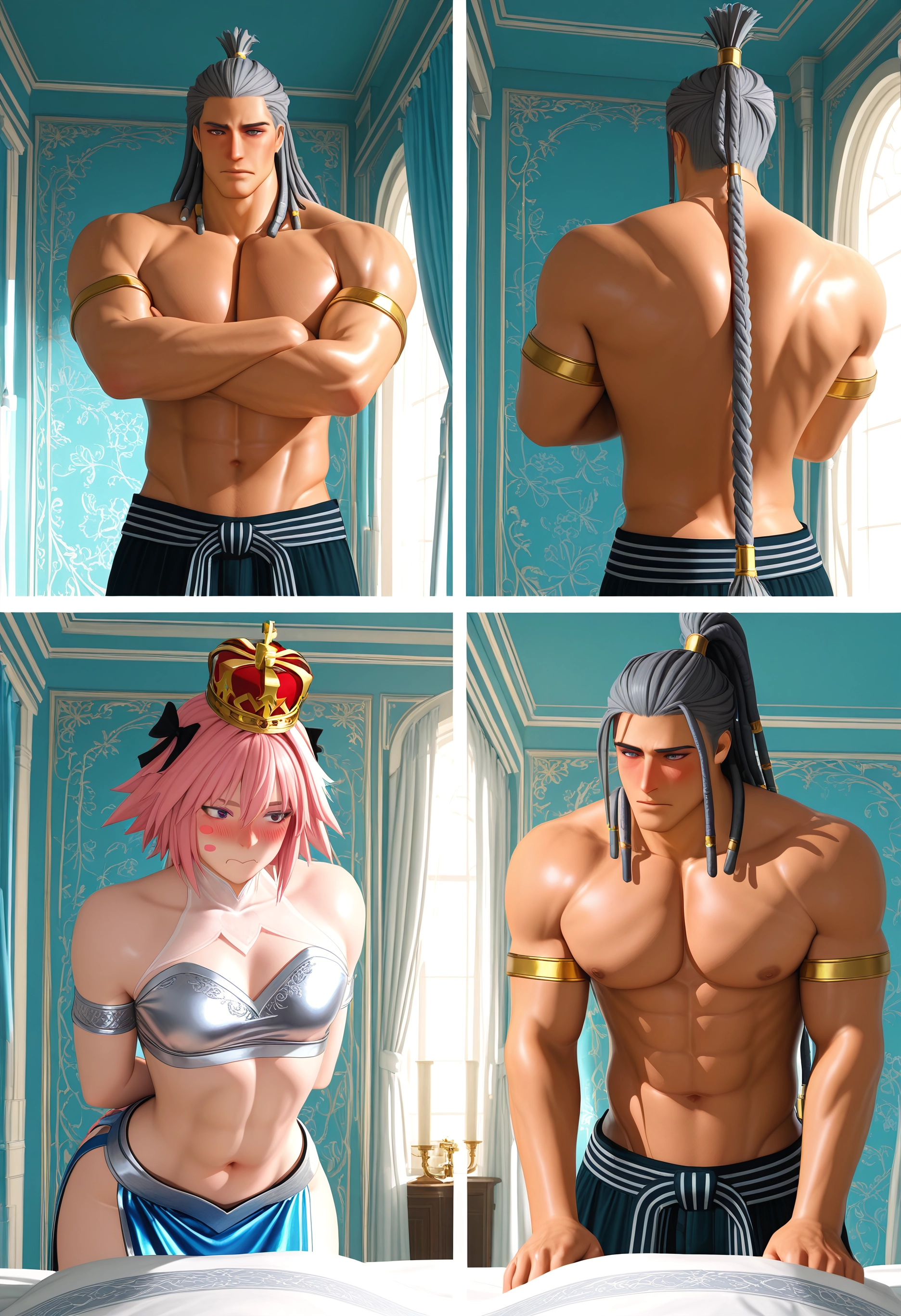 yaoi, bara, pink hair, blush, multiple boys, crown · Yamete.gg
