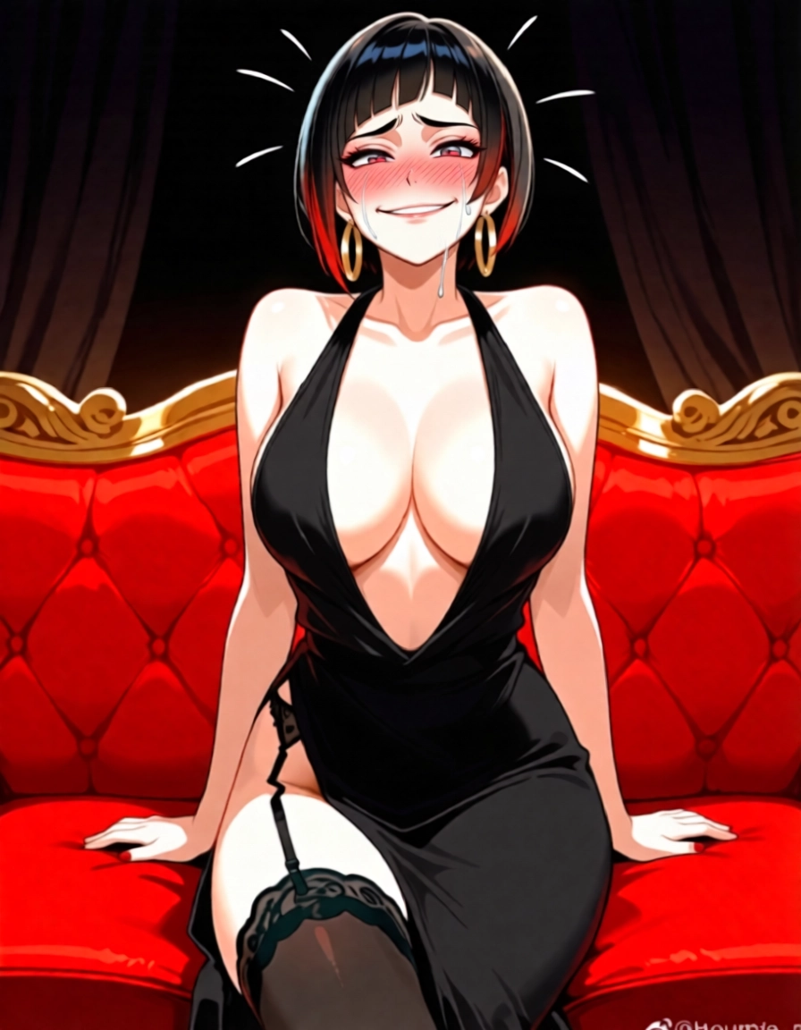 1girl, breasts, dress, solo, black hair, thighhighs · Yamete.gg