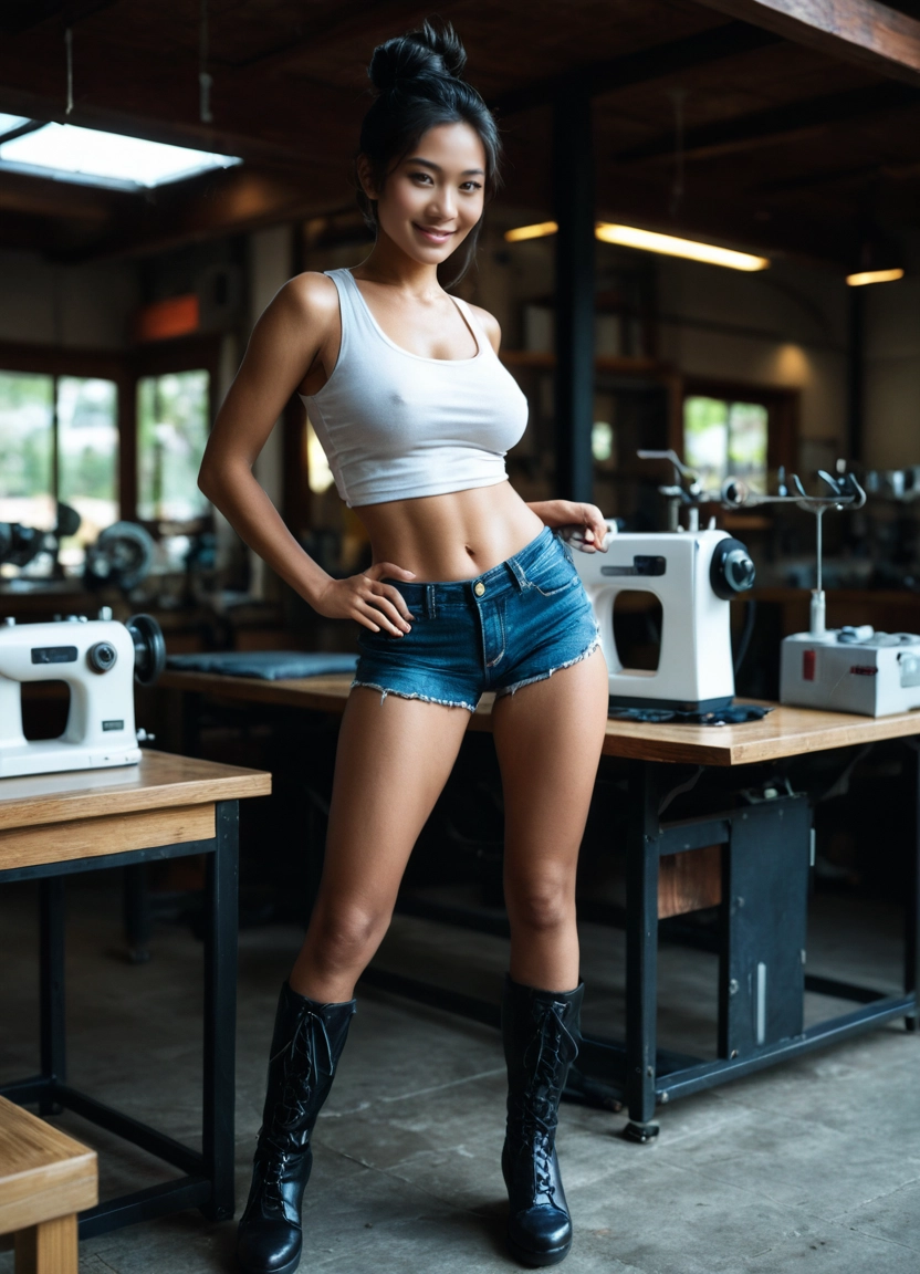 1girl, shorts, boots, solo, denim, navel · Yamete.gg
