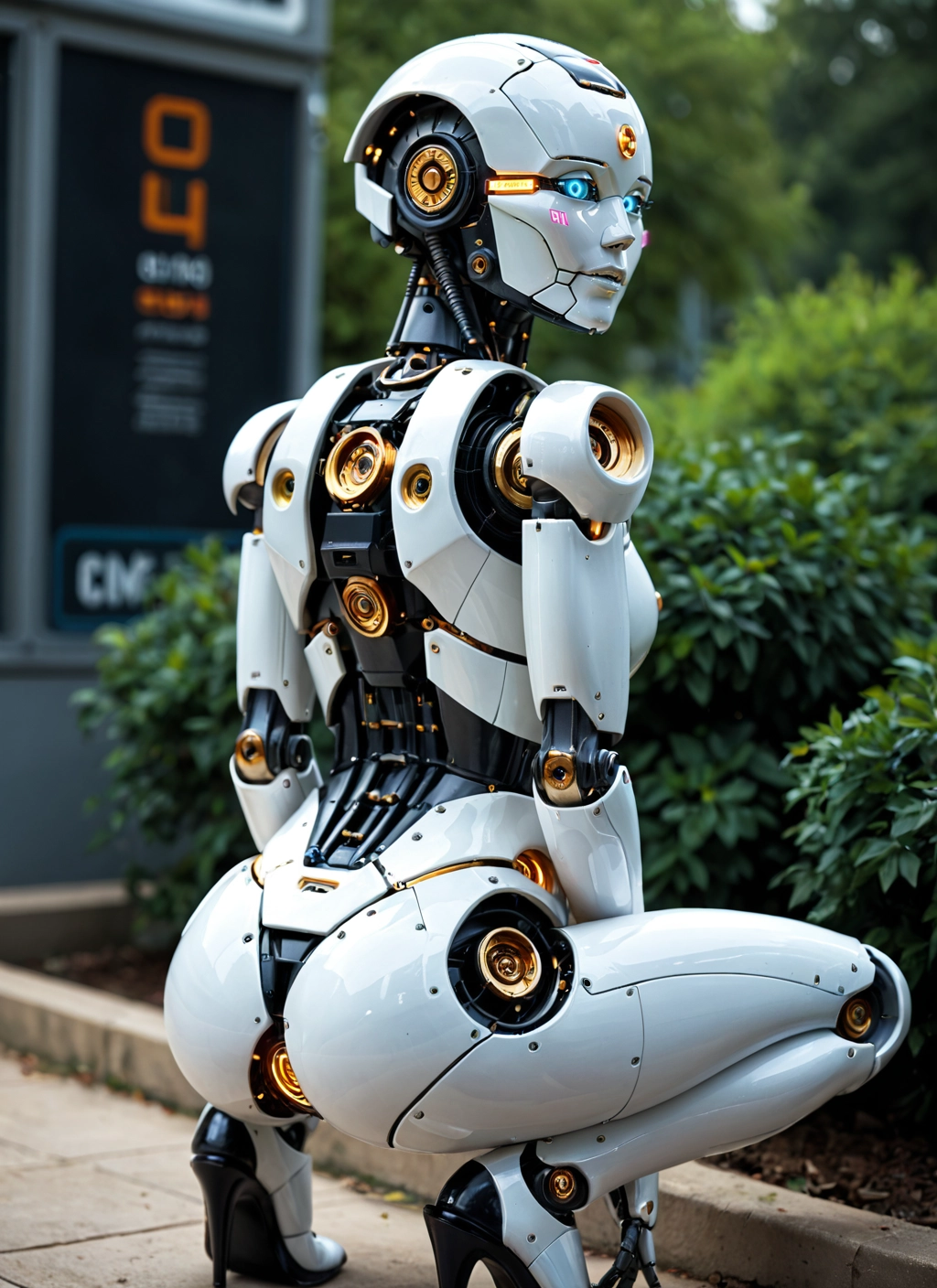 1girl, solo, high heels, squatting, robot, robot joints