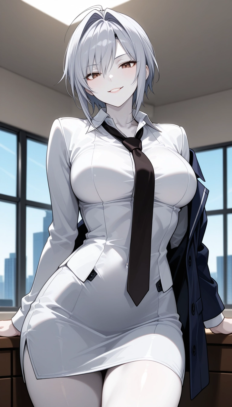 1girl, solo, breasts, necktie, indoors, looking at viewer · Yamete.gg