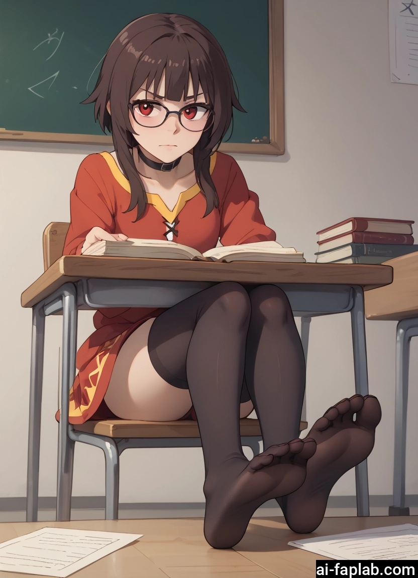 1girl, thighhighs, red eyes, feet, glasses, book · Yamete.gg