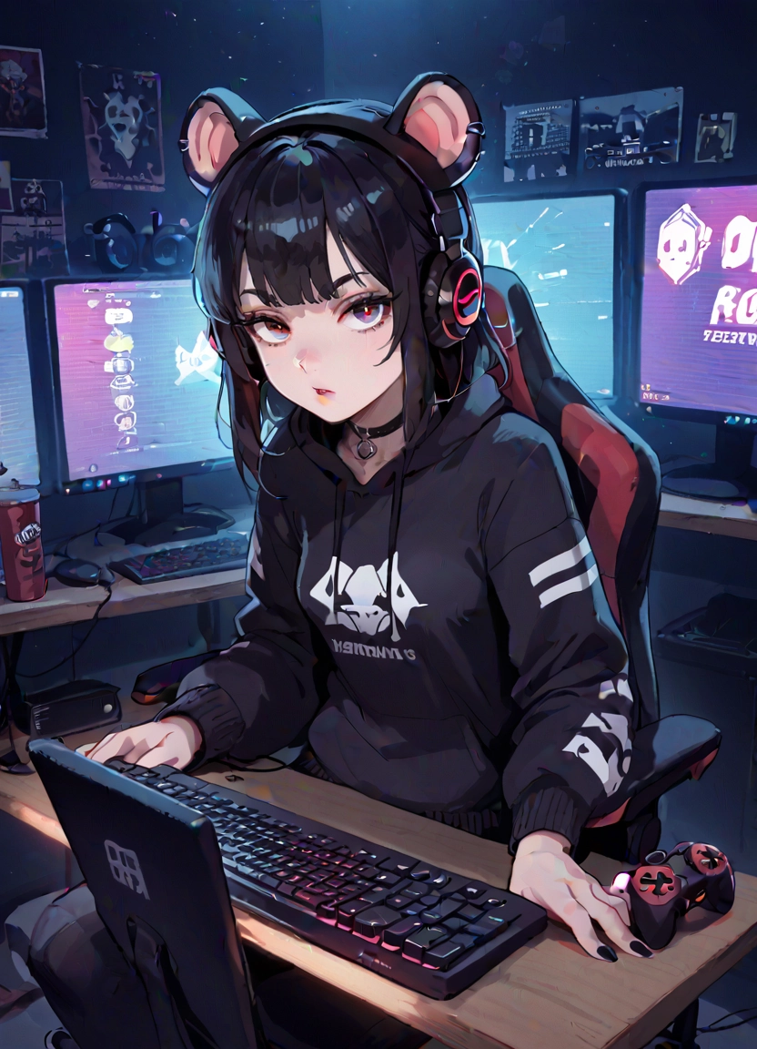 1girl, keyboard (computer), animal ears, mouse (computer), solo, headphones