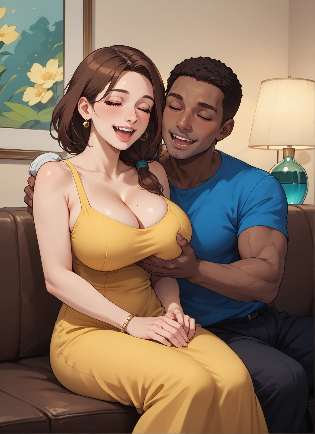 1girl, breasts, 1boy, dress, jewelry, brown hair · Yamete.gg