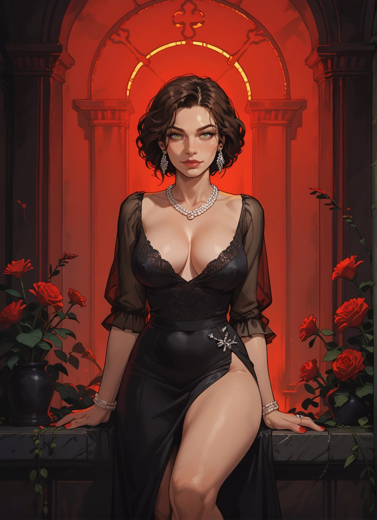 1girl, breasts, jewelry, dress, earrings, flower · Yamete.gg