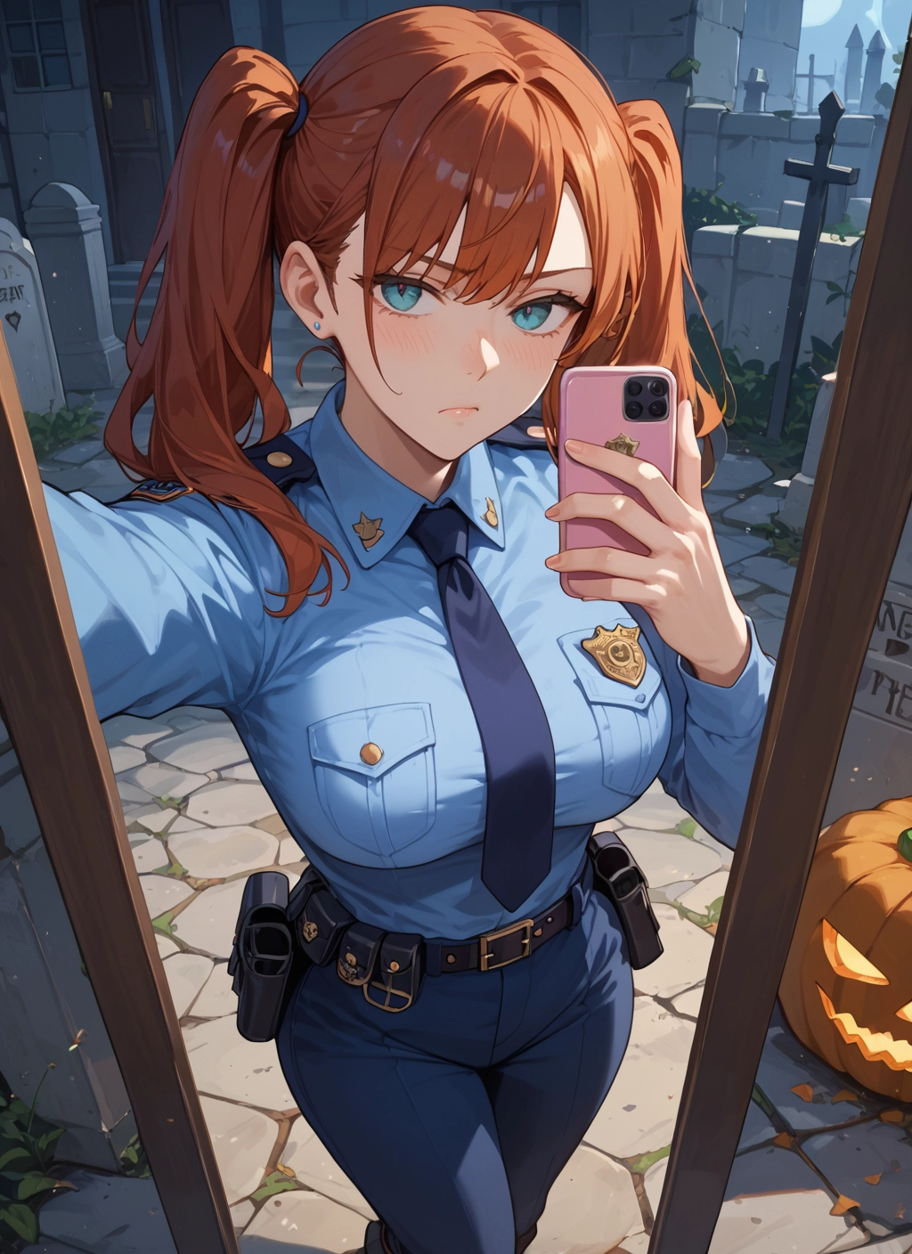 1girl, phone, twintails, breasts, necktie, police · Yamete.gg