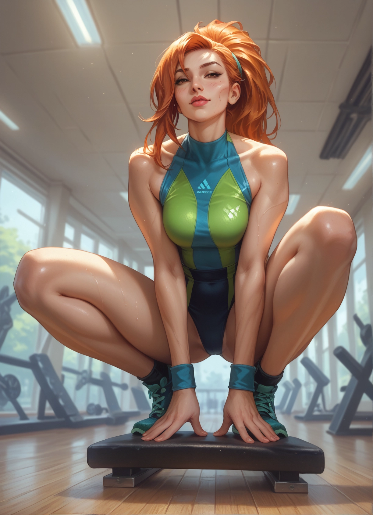 1girl, squatting, breasts, solo, orange hair, leotard · Yamete.gg