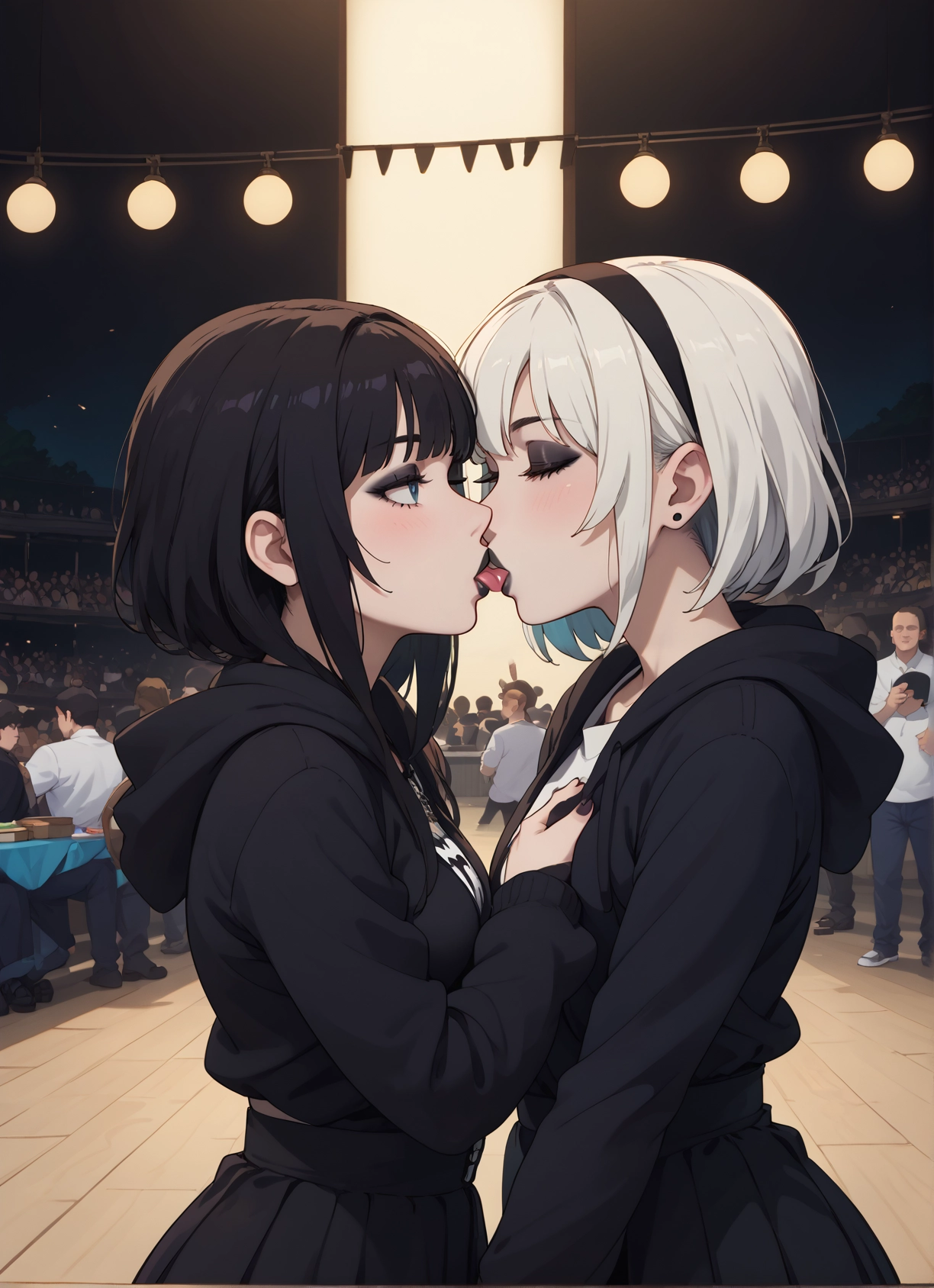 multiple girls, 2girls, yuri, blue eyes, hood, skirt · Yamete.gg