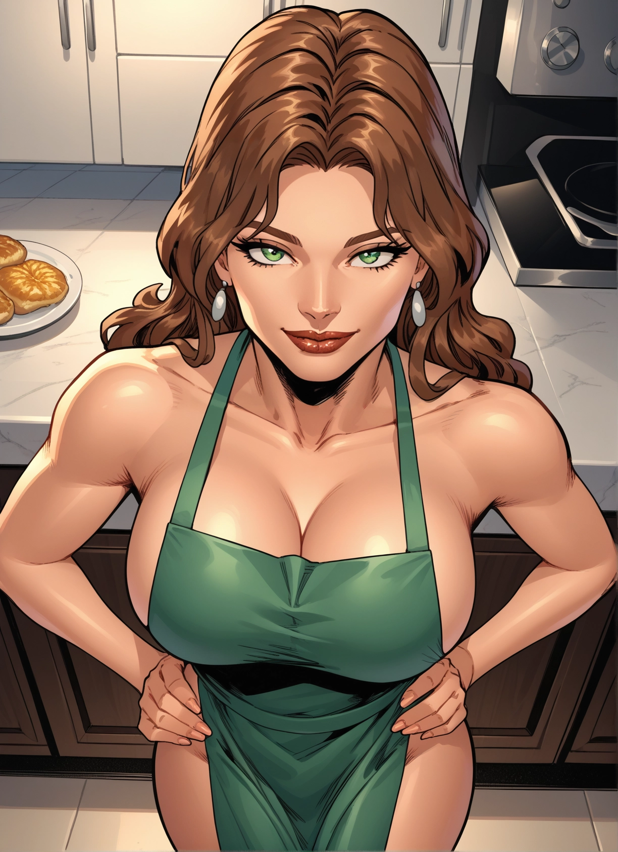 1girl, breasts, green eyes, apron, naked apron, jewelry · Yamete.gg